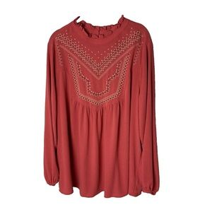 Torrid Washable Crinkle Gauze Relaxed Embroidered Blouse Size 1X Baked Apple Red